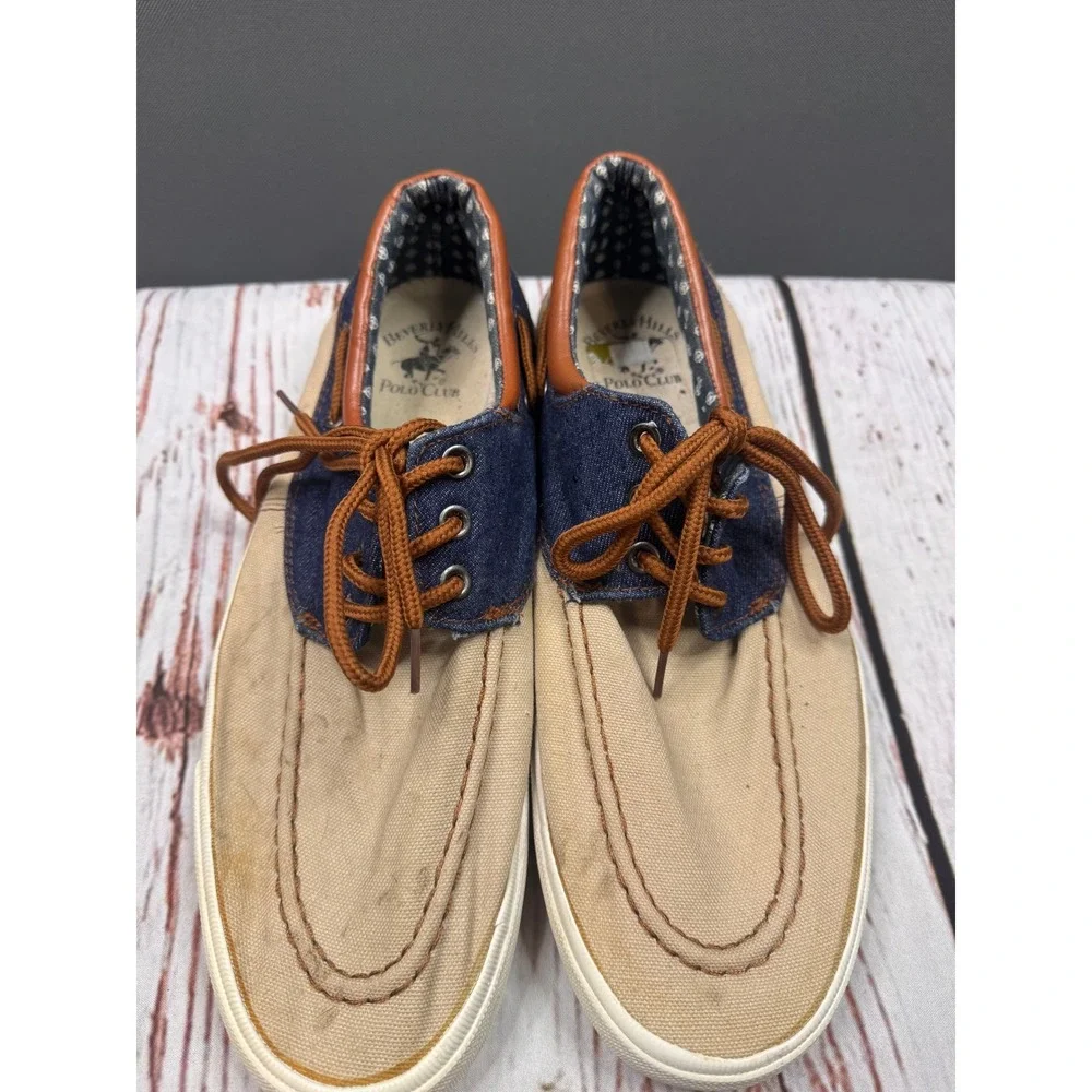 Beverly Hills Polo Club Mens BP9146 Canvas Denim Boat Shoes Tan Navy Size 9.5‎